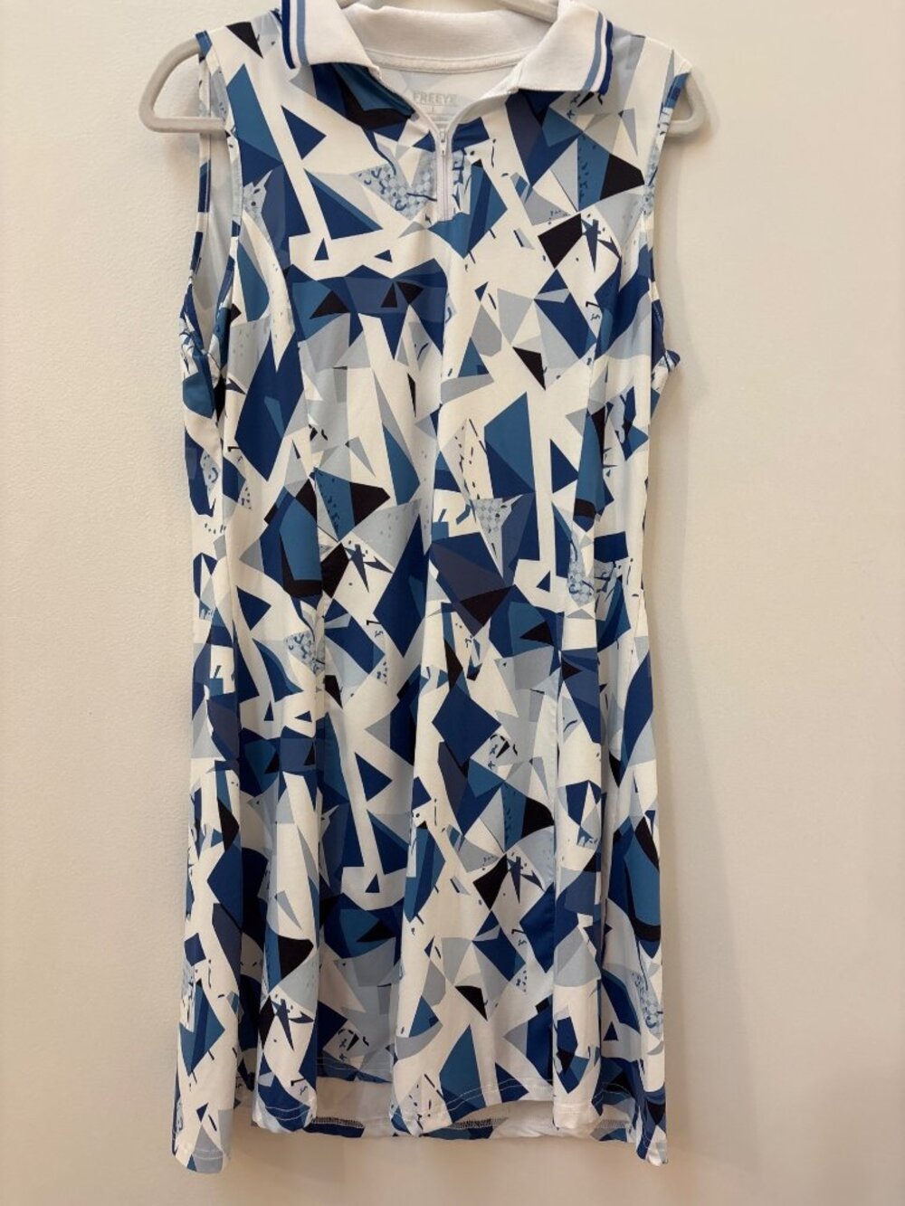 Sleeveless Geometric Print Collared Dress Blue & White Size Large